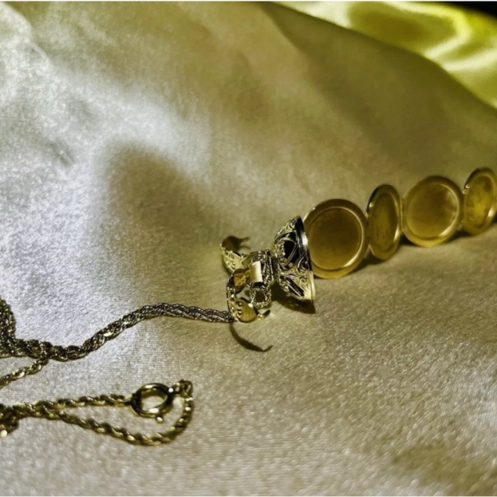 14K Gold Six [6] Round Picture Frame Charm Pendant + Rope Chain Necklace - Picture 7 of 16
